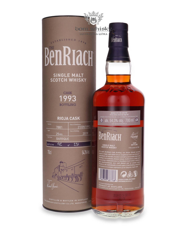 BenRiach 1993, 25-letni Rioja Cask # 7881 / 54,3%/ 0,7l	