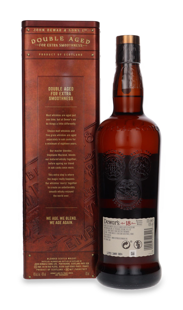 Dewar’s 18-letni Double Aged  Whisky / Tin Box / 40%/ 0,7l + miarka barmańska