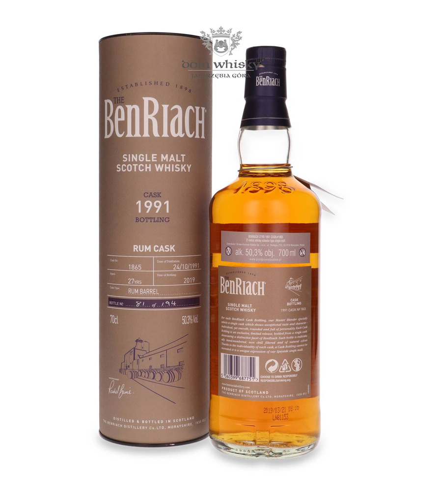 BenRiach 1991, 27-year-old Rum Cask # 1865 / 50.3%/ 0.7l