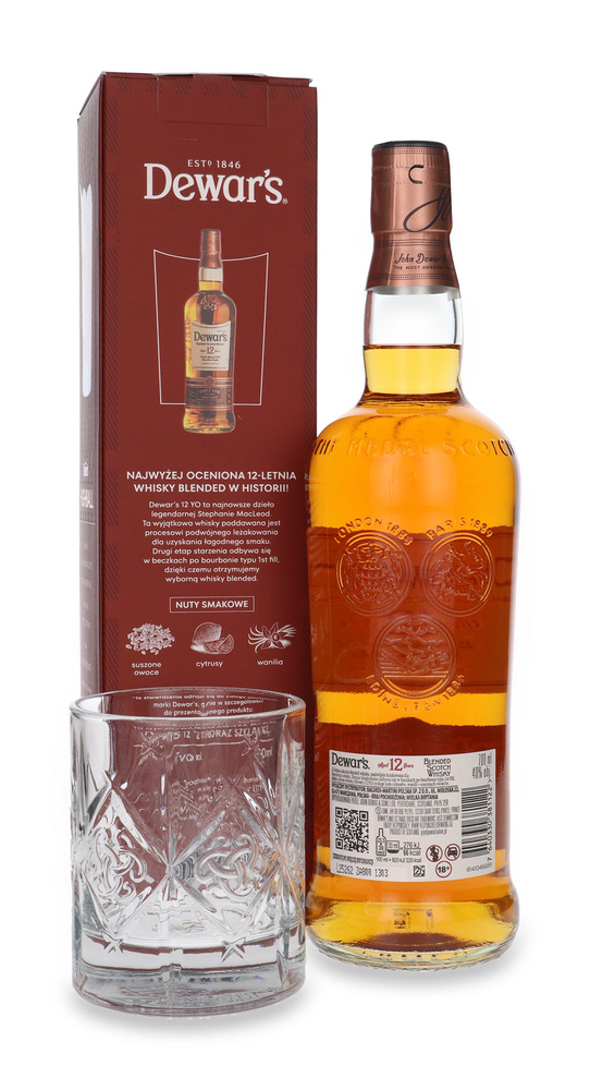 Dewar’s 12-letni Double Aged Whisky + szklanka / 40%/ 0,7l  	  	