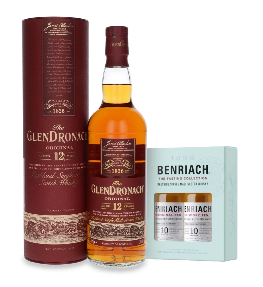 GlenDronach Single Malt Scotch Whisky Original 12-letni / 43% / 0,7l + zestaw miniaturek Benriach