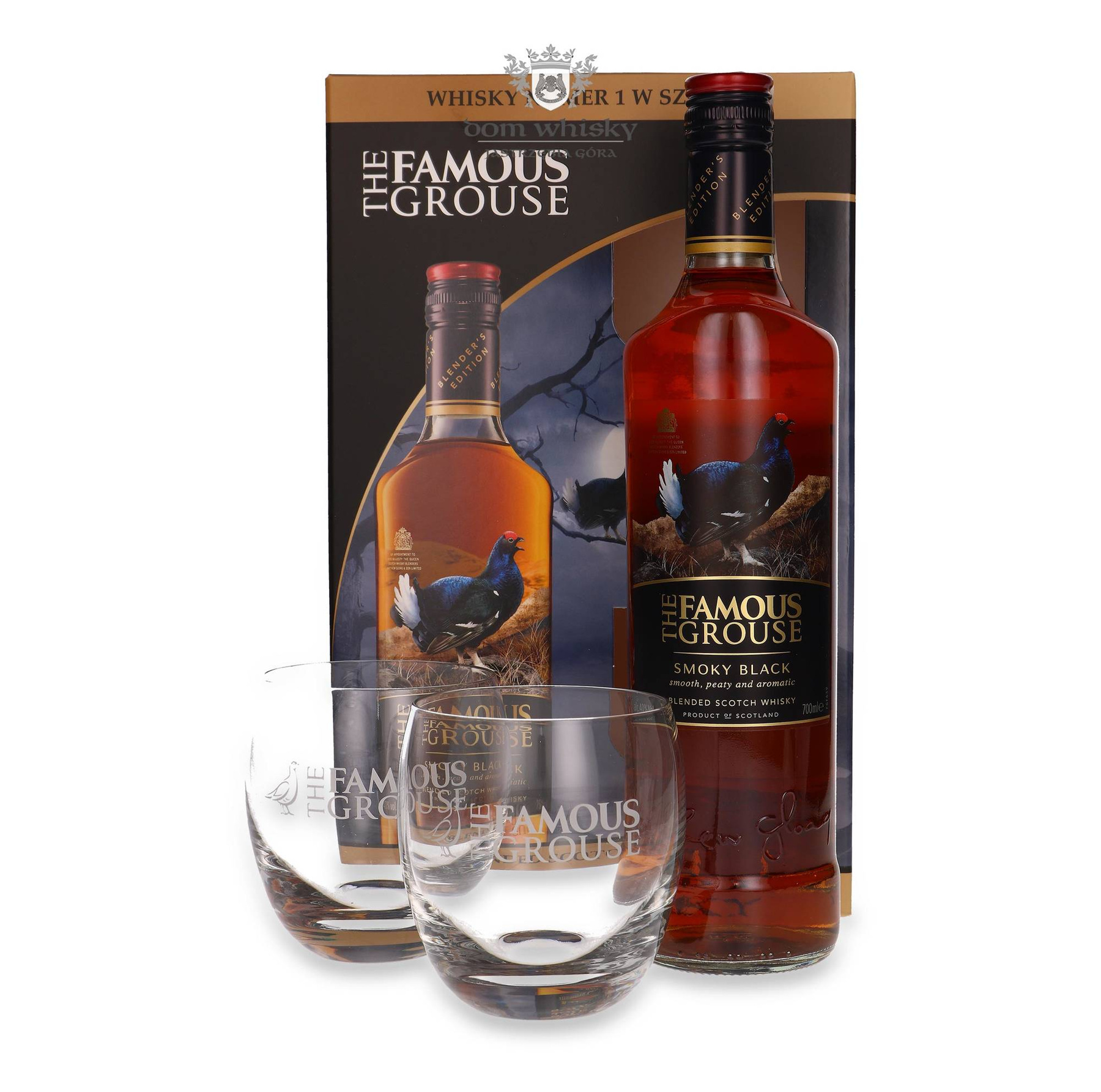 THE  GROUSE & THE BLACK GROUSE セット Famous Grouse Smoky Black 40% 0,7l + 2 Szklanki Szkocja