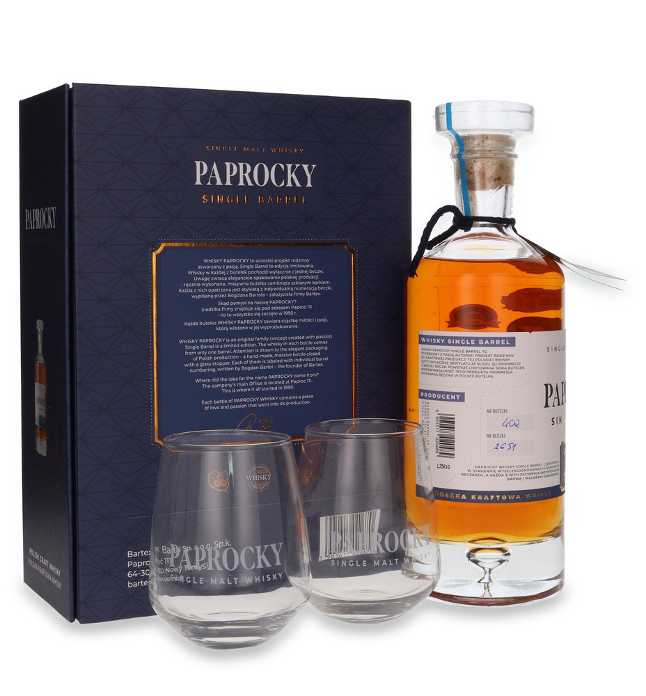 Paprocky Single Barrel + szklanki / 40% / 0,7l