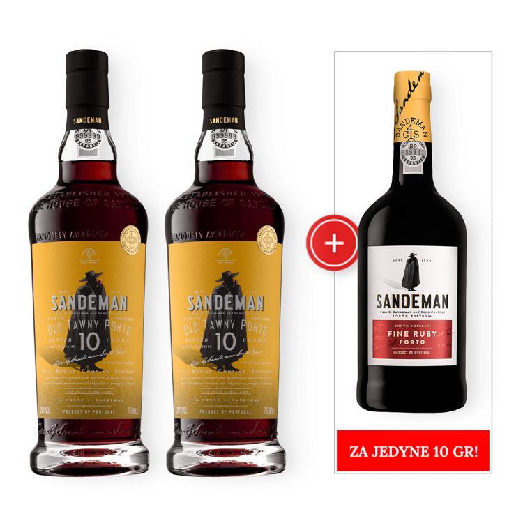 2x Sandeman Old Tawny Porto 10-letni / 20% / 0,75l + Sandeman Ruby Porto / 19,5% / 0,75l za jedyne 10gr!